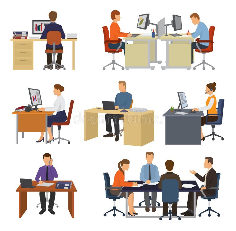 Geschäftsleute vector die Berufsarbeitskräfte, die bei Tisch mit Laptop oder Computer im Büroillustrationssatz von sitzen vektor abbildung Geschäftsleute vector die Berufsarbeitskräfte, die bei Tisch mit Laptop oder Computer im Büroillustrationssatz von sitzen vektor abbildung