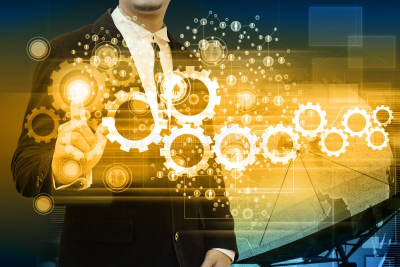 Geschäftsmann arbeitet mit Geschäft Netz-Anzeige lizenzfreie stockfotografie