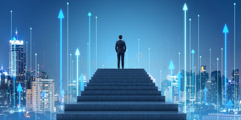 Geschäftsmann auf der Treppe bangkok Skyline und aufsteigende Pfeile smarte Stadt lizenzfreie stockfotos