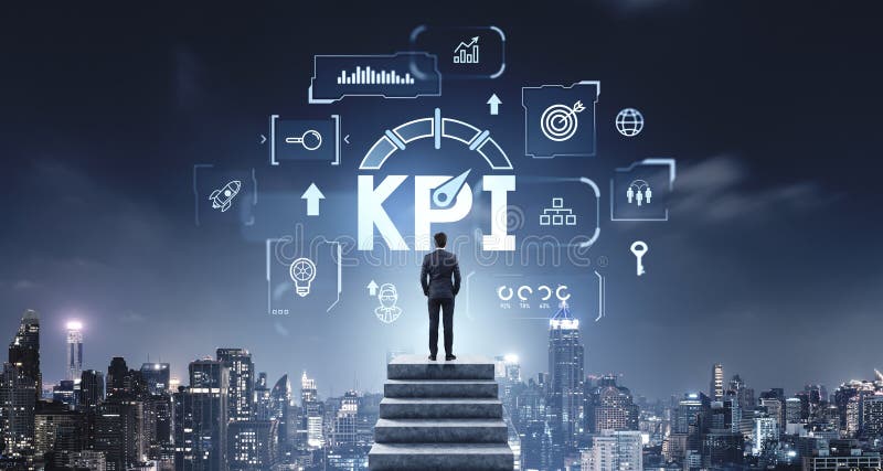 Geschäftsmann auf Treppen mit Blick auf kpi Concept Icons mit lizenzfreie abbildung