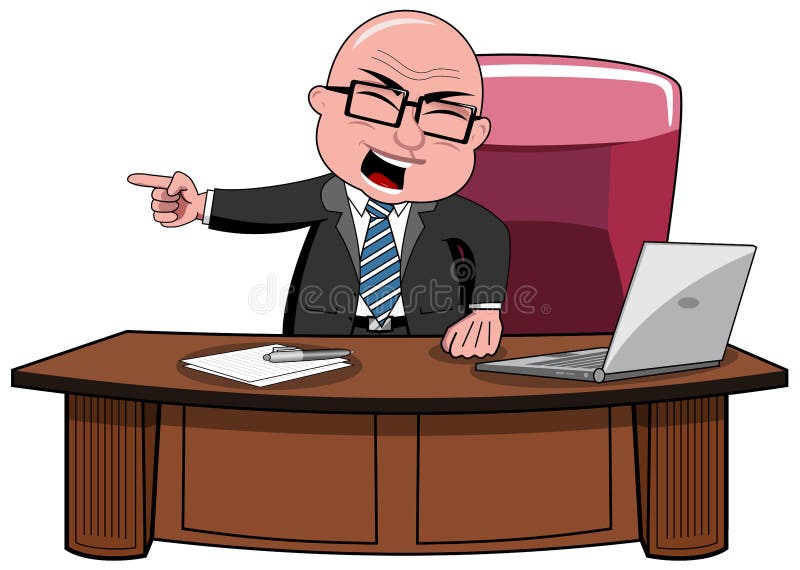 Angry bald cartoon businessman boss standing at desk screaming and intimidating going out his office white. Angry bald cartoon businessman boss standing at desk screaming and intimidating going out his office white