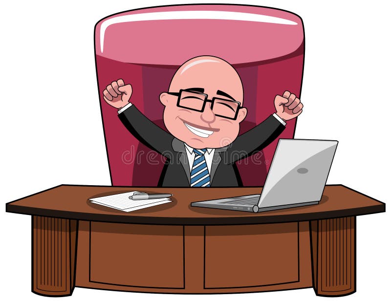 Happy bald cartoon businessman boss sitting at desk and exulting white. Happy bald cartoon businessman boss sitting at desk and exulting white