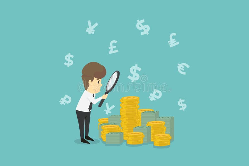 Geschäftsmann, der auf Dollar durch Lupe schaut Geschäft lizenzfreie abbildung Geschäftsmann, der auf Dollar durch Lupe schaut Geschäft lizenzfreie abbildung