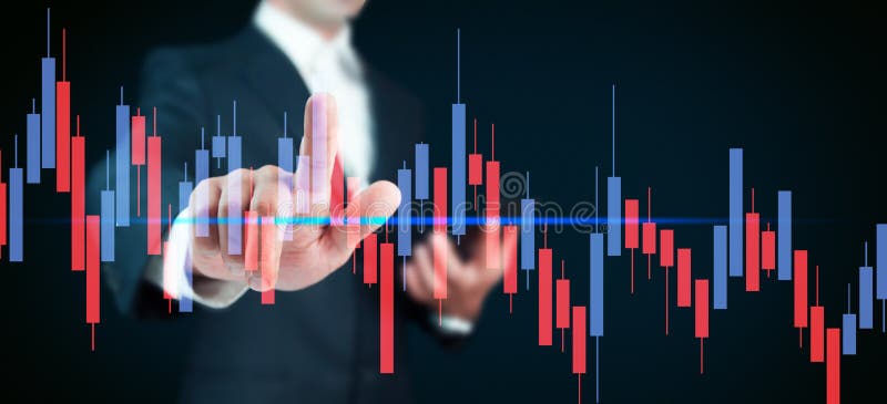 Geschäftsmann, der die Börsengrafik berührt. Geschäftsmann, der sich mit der Börsenkurve oder dem Devisenhandelsplan befasst