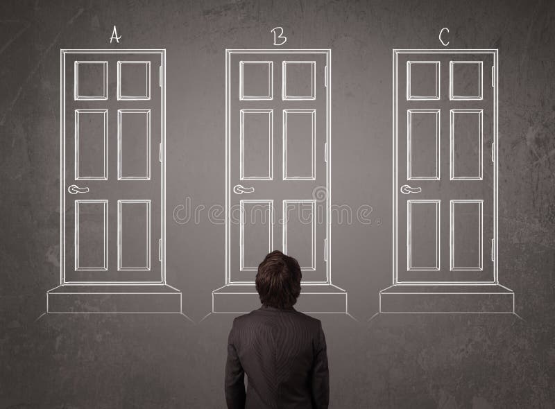Young businessman sitting in front of a chalkboard and trying to choose the right door. Young businessman sitting in front of a chalkboard and trying to choose the right door
