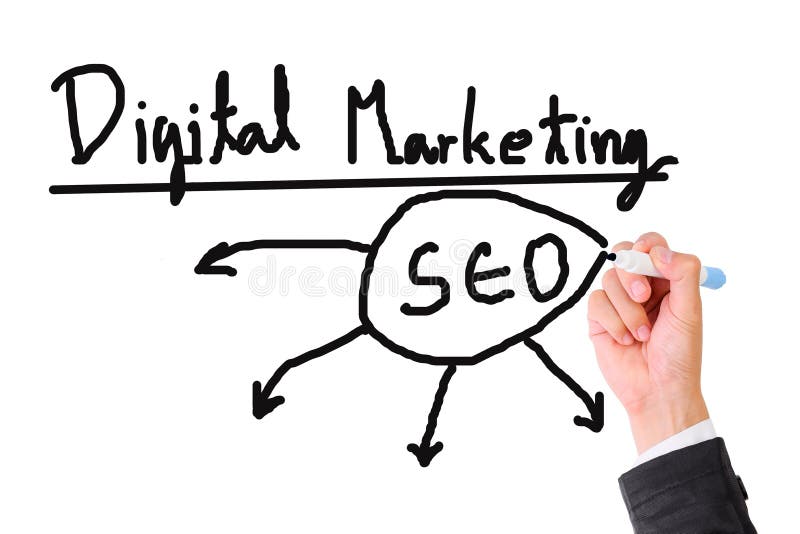 Geschäftsmann, der digitales Marketing-Konzept schreibt lizenzfreies stockbild Geschäftsmann, der digitales Marketing-Konzept schreibt lizenzfreies stockbild