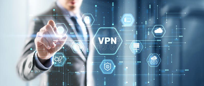 Geschäftsmann drückt einen Knopf vpn. Verschlüsselung des Netzwerksicherheitsdatums lizenzfreie stockbilder