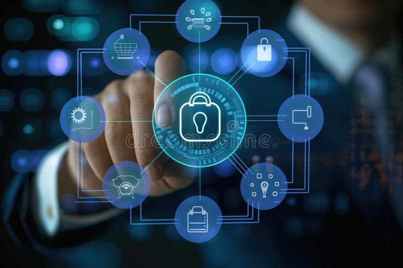 Geschäftsmann drückt Taste, um Cybersicherheitssystem zu aktivieren. Schützt Unternehmen vor Hacker-Angriffen und Malware. digital stockfoto