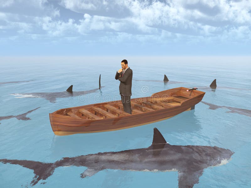 Geschäftsmann in einem Boot umgeben durch Haifische stock abbildung Geschäftsmann in einem Boot umgeben durch Haifische stock abbildung