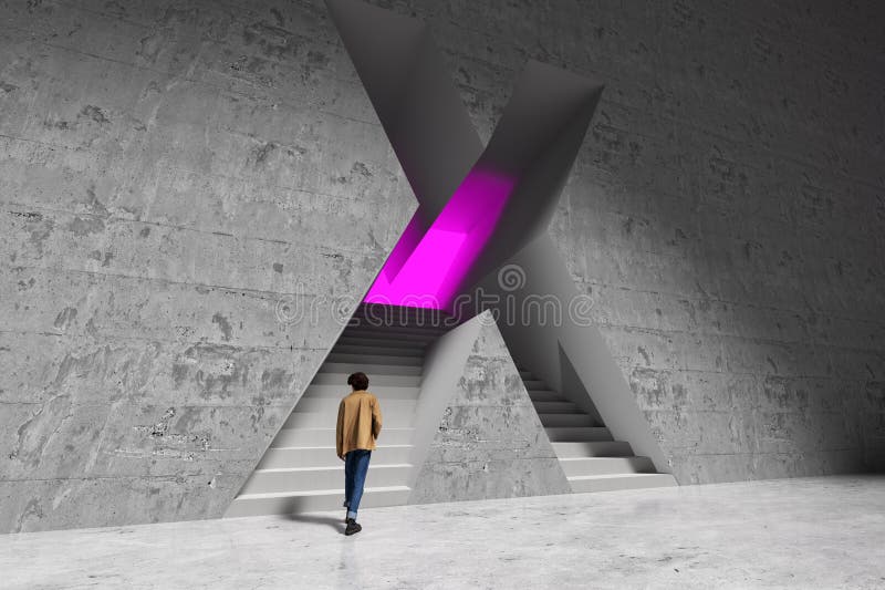 Geschäftsmann geht in Richtung glühendes violettes Licht in betonter xförmiger Türe lizenzfreie abbildung