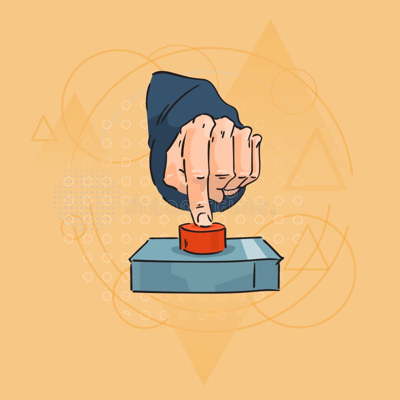 Geschäftsmann-Handfinger-Presse-roter Knopf über Dreieck-geometrischem Hintergrund lizenzfreie abbildung Geschäftsmann-Handfinger-Presse-roter Knopf über Dreieck-geometrischem Hintergrund lizenzfreie abbildung