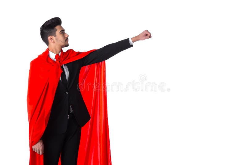 Geschäftsmann im roten Mantel des Superhelden hebt Hand oben an lizenzfreies stockbild Geschäftsmann im roten Mantel des Superhelden hebt Hand oben an lizenzfreies stockbild