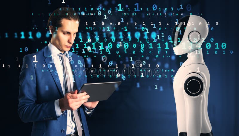 Geschäftsmann interagiert mit dem Konzept des digitalen Datenaustauschs mit humanoiden Robotern lizenzfreie stockfotografie
