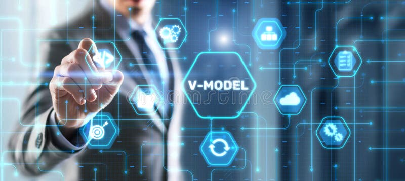 Geschäftsmann klickt auf Modell. Entwicklungsmodell für Informationssysteme stockbild