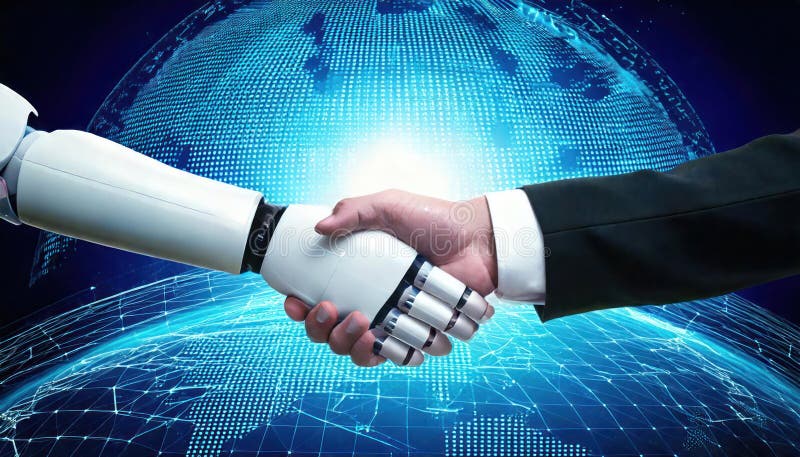 Geschäftsmann knallt mit Roboter über digitales globales Netzwerk. vektor abbildung