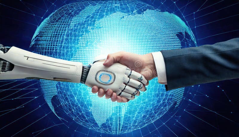 Geschäftsmann knallt mit Roboter über digitales globales Netzwerk. lizenzfreie abbildung