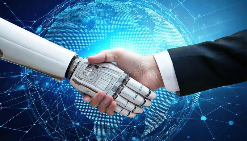 Geschäftsmann knallt mit Roboter über digitales globales Netzwerk. vektor abbildung