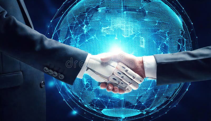 Geschäftsmann knallt mit Roboter über digitales globales Netzwerk. stock abbildung