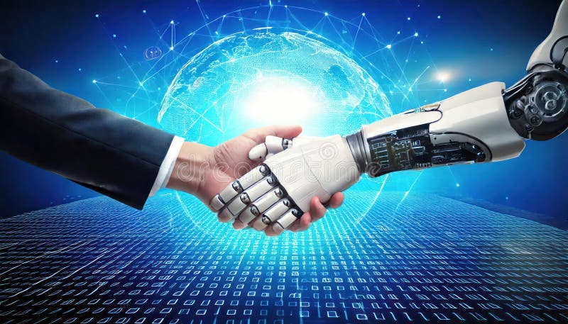 Geschäftsmann knallt mit Roboter über digitales globales Netzwerk. vektor abbildung