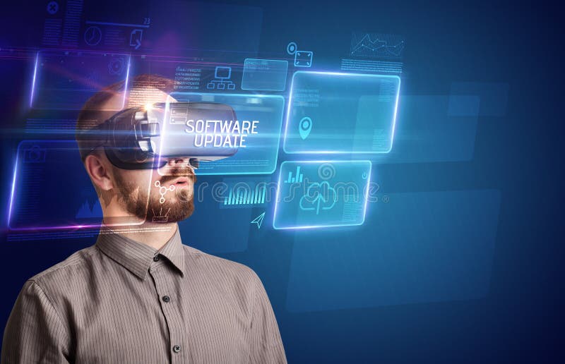Geschäftsmann mit Blick auf Virtual-Reality-Brillen-Technologie stockfotos