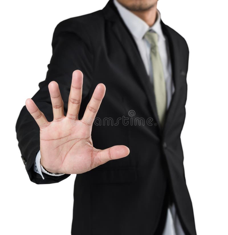 Geschäftsmann mit der angehobenen öffnenden Hand, die nicht mehr Geste, nein macht stockbild Geschäftsmann mit der angehobenen öffnenden Hand, die nicht mehr Geste, nein macht stockbild