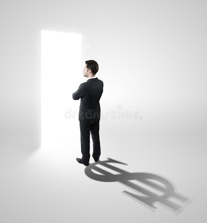 Geschäftsmann mit einem Schatten, der als Bargeld geformt wird, singen stockfoto Geschäftsmann mit einem Schatten, der als Bargeld geformt wird, singen stockfoto