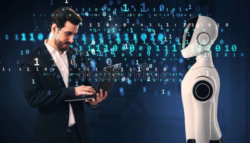 Geschäftsmann mit Laptop, der mit humanoiden Robotern interagiert stockbild