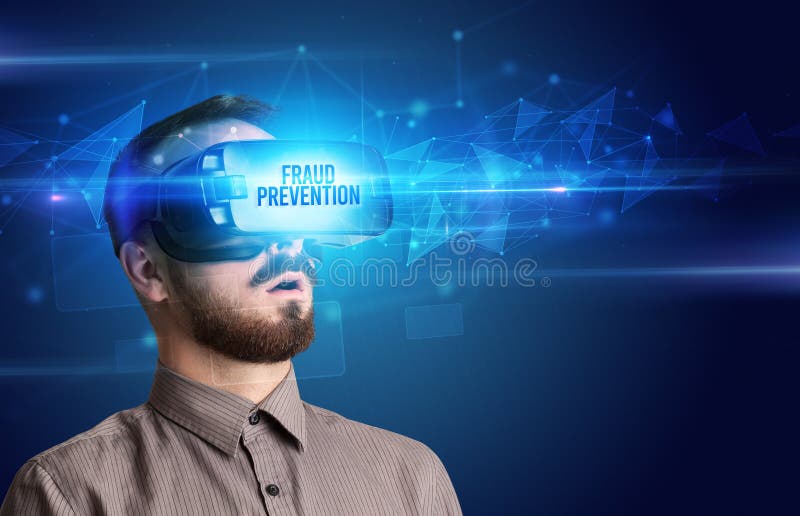 Geschäftsmann mit virtueller Realität Brille virtuelles Sicherheitskonzept stockfotos