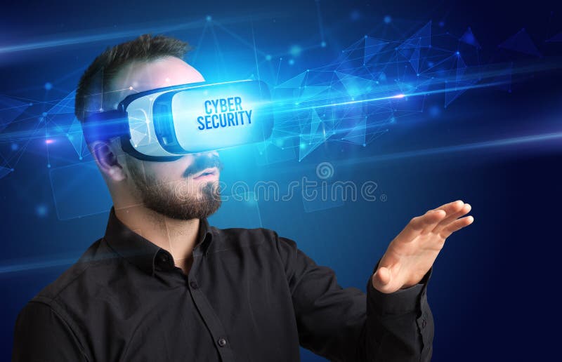 Geschäftsmann mit virtueller Realität Brille virtuelles Sicherheitskonzept stockbilder