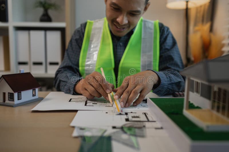 Geschäftsmann oder Architekt mit Modell eines Hauses, der in Büroarchitekten arbeitet und mit Planen Ingenieur inspect arbeitet lizenzfreie stockfotos
