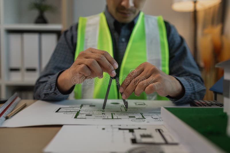 Geschäftsmann oder Architekt mit Modell eines Hauses, der in Büroarchitekten arbeitet und mit Planen Ingenieur inspect arbeitet lizenzfreies stockbild