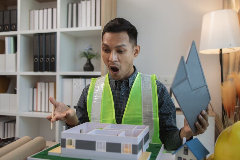 Geschäftsmann oder Architekt mit Modell eines Hauses, der in Büroarchitekten arbeitet und mit Planen Ingenieur inspect arbeitet lizenzfreie stockfotografie