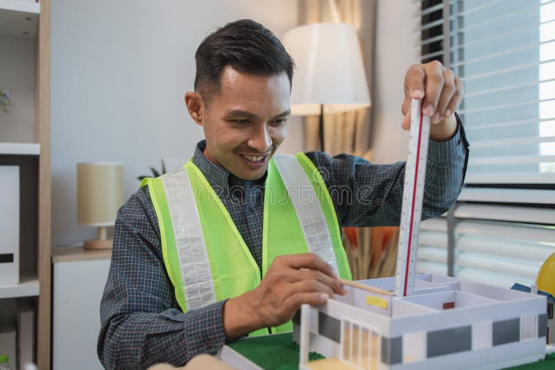 Geschäftsmann oder Architekt mit Modell eines Hauses, der in Büroarchitekten arbeitet und mit Planen Ingenieur inspect arbeitet stockfotos