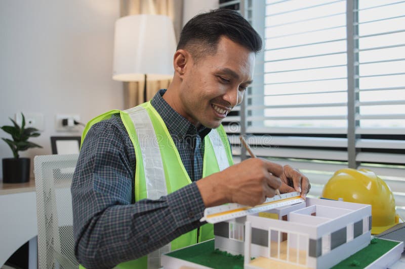 Geschäftsmann oder Architekt mit Modell eines Hauses, der in Büroarchitekten arbeitet und mit Planen Ingenieur inspect arbeitet lizenzfreies stockbild