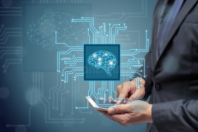 Geschäftsmann- oder Ingenieurgebrauch ai oder künstliches intelligentes Konzept, rechnende Wolke, Data - Mining, Lernfähigkeit ei stockfoto