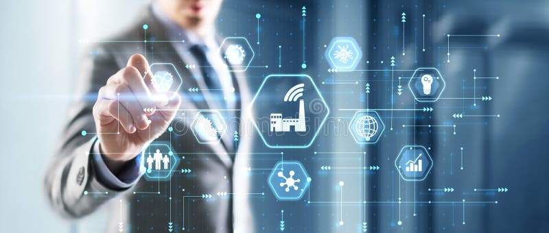 Geschäftsmann presst einen Knopf für intelligente Heimautomatisierung lizenzfreie abbildung