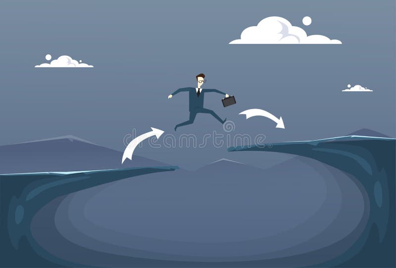 Geschäftsmann-Risiko-Konzept Geschäftsmann-Jump Overs Cliff Gap Mountain To Success lizenzfreie abbildung Geschäftsmann-Risiko-Konzept Geschäftsmann-Jump Overs Cliff Gap Mountain To Success lizenzfreie abbildung