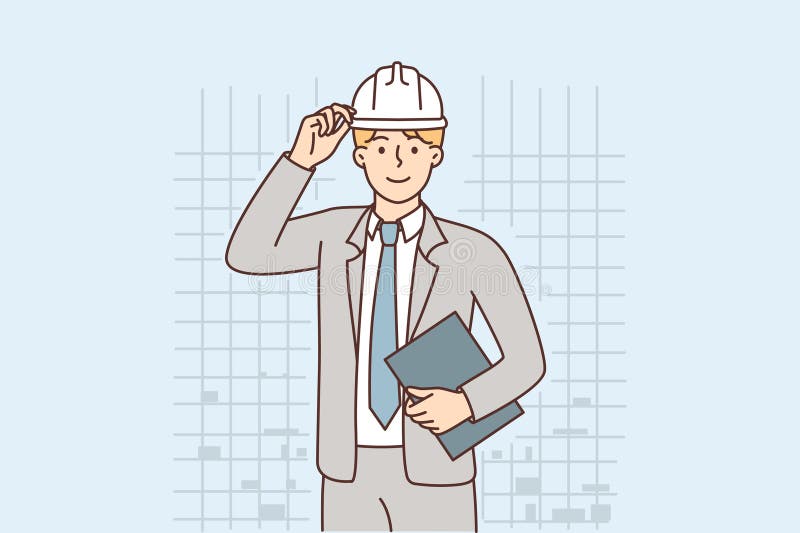 Geschäftsmann in Schutzhelm, der als Manager im Bau- oder Architekturbüro tätig ist stock abbildung
