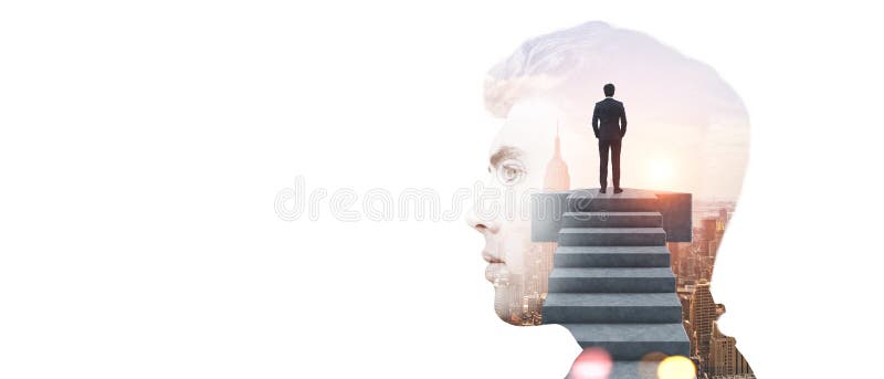 Geschäftsmann Silhouette und Mann auf den Pfeilspitzen Stadtgebäuden. Kopierraum stockfotos