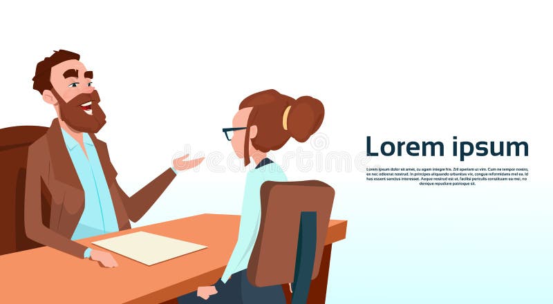 Geschäftsmann-Sitting Office Desk-Geschäftsfrau Apply Job Interview Business People Candidate stock abbildung Geschäftsmann-Sitting Office Desk-Geschäftsfrau Apply Job Interview Business People Candidate stock abbildung