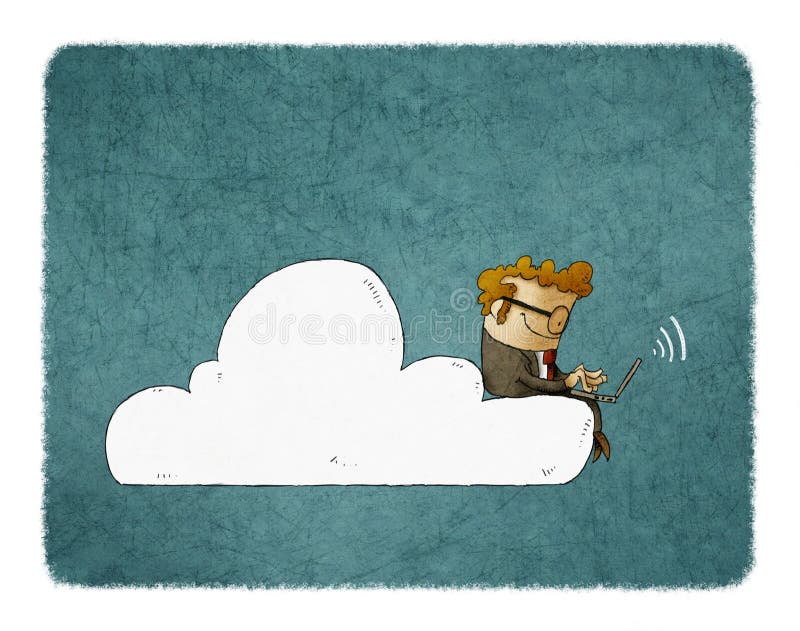 Geschäftsmann sitzt auf einer Wolke mit Laptop auf seinen Knien stock abbildung Geschäftsmann sitzt auf einer Wolke mit Laptop auf seinen Knien stock abbildung
