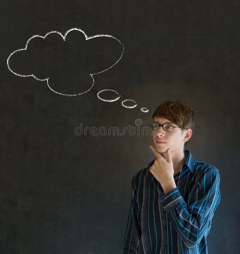 Business man, student or teacher with thought thinking chalk cloud on blackboard background hand on chin with glasses. Business man, student or teacher with thought thinking chalk cloud on blackboard background hand on chin with glasses