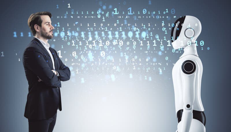 Geschäftsmann und menschlicher Roboter, die sich gegenseitig gegenüberstehen, mit Binärcode, der zwischen ihnen hin und her schweb stockbilder