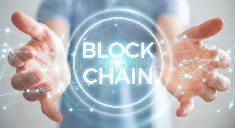 Geschäftsmann unter Verwendung blockchain cryptocurrency Schnittstelle 3D renderi lizenzfreie abbildung