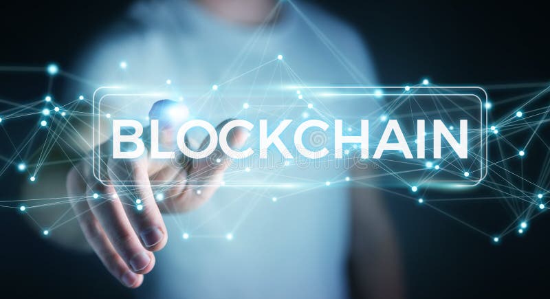 Geschäftsmann unter Verwendung blockchain cryptocurrency Schnittstelle 3D renderi vektor abbildung
