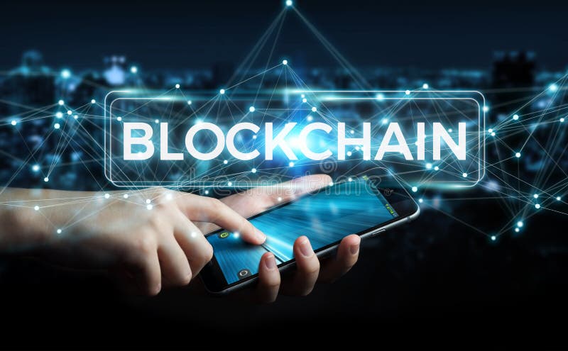 Geschäftsmann unter Verwendung blockchain cryptocurrency Schnittstelle 3D renderi lizenzfreie abbildung