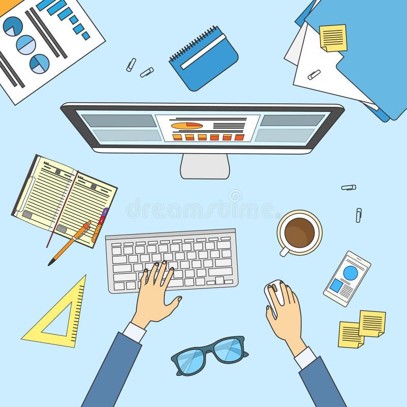 Geschäftsmann-Workplace Desk Hands-Arbeitslaptop-Geschäftsmann-Spitzenwinkel über Ansicht-Büro stock abbildung Geschäftsmann-Workplace Desk Hands-Arbeitslaptop-Geschäftsmann-Spitzenwinkel über Ansicht-Büro stock abbildung