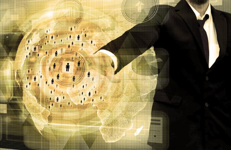Geschäftsmannarbeiten mit Geschäft und Technologie Netz-Anzeige lizenzfreie stockbilder