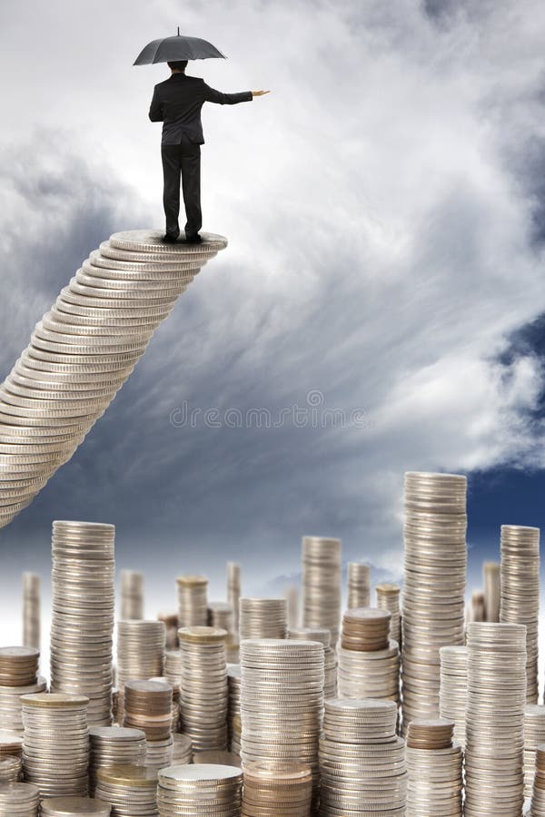 Businessman stand on the money stair and watching the storm coming. Businessman stand on the money stair and watching the storm coming