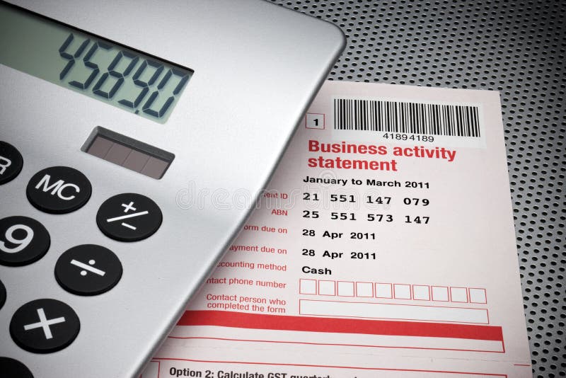 An Australian business activity tax statement form with a calculator. An Australian business activity tax statement form with a calculator